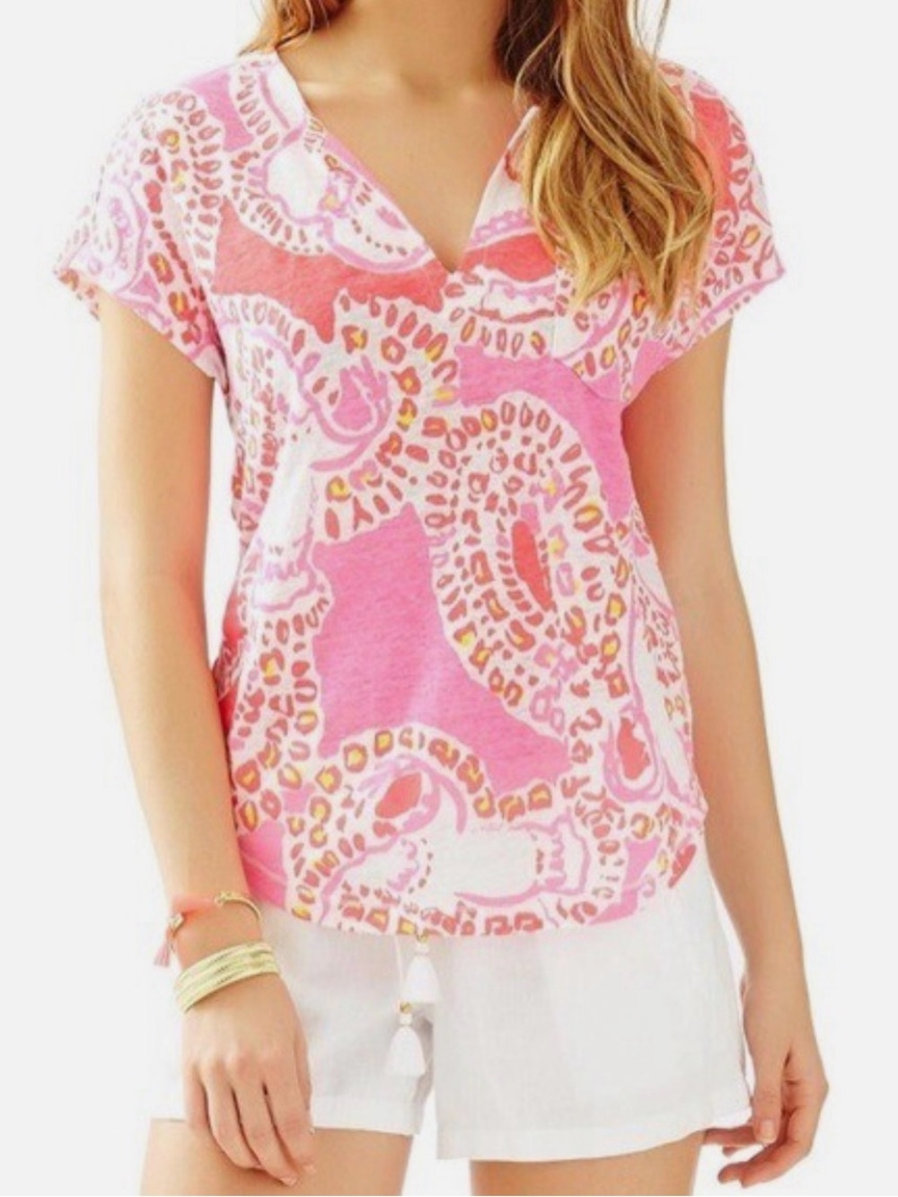Lilly Pulitzer women's duval linen short sleeve v-neck vibrant pink tee shirt M